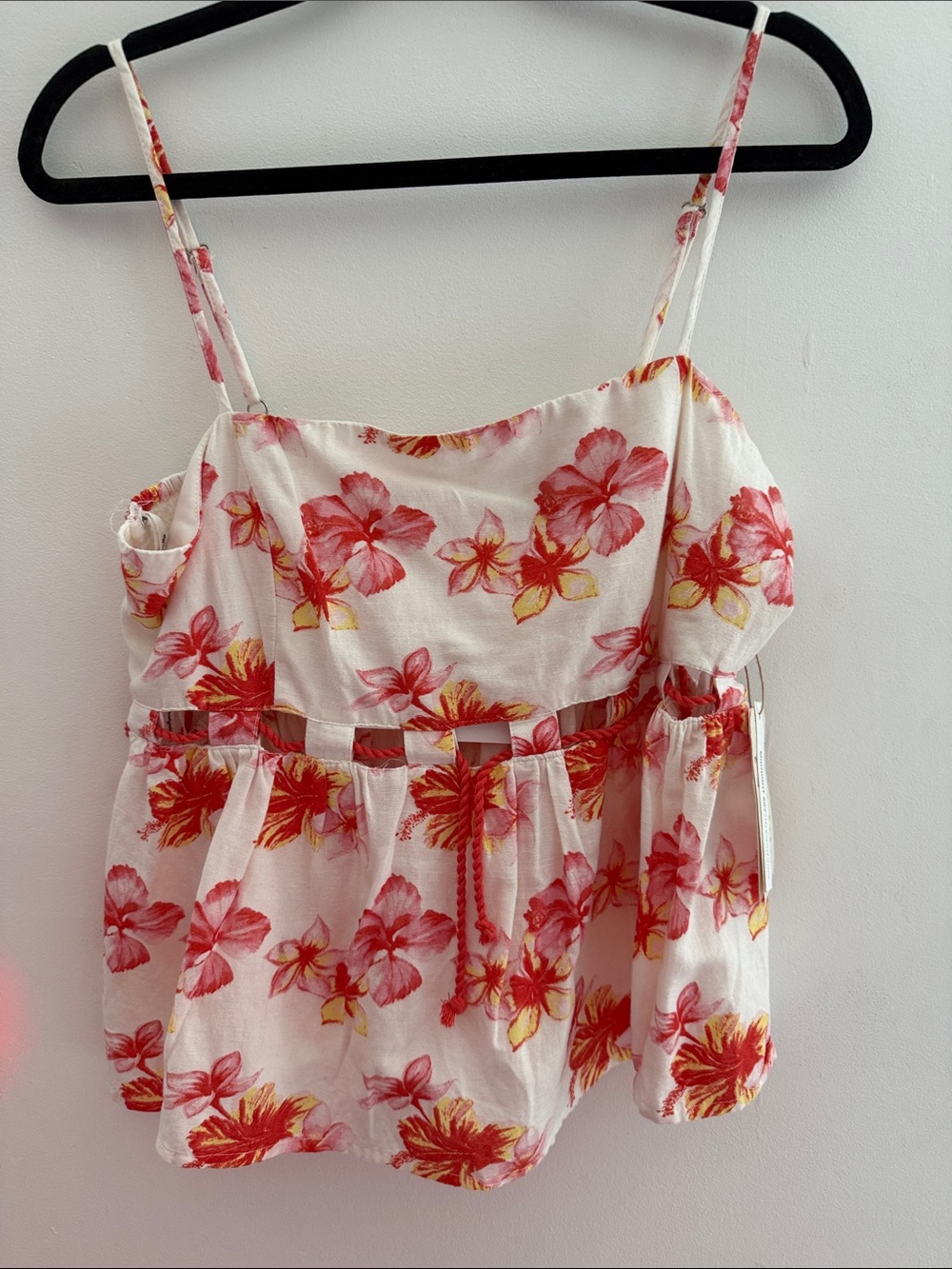 Women's White Floral Spaghetti Strap Tank Top - Pink & Yellow Hibiscus Print